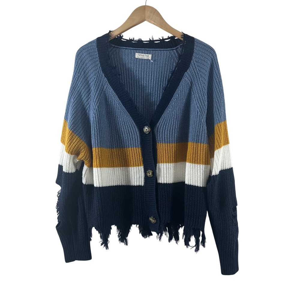 Full Circle Trends Colorblock Distressed Cardigan Sweater‎ Blue Mustard XL Boho